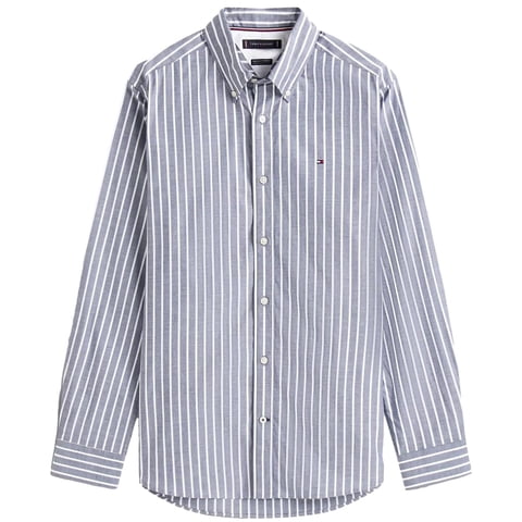 Camisa Tommy Hilfiger Para Hombre, Manga Larga, Popelina A Rayas, Color Azul Marino