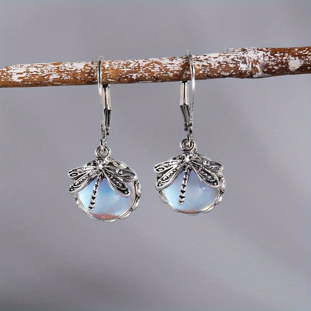 2pcs/pair Vintage Dragonfly Earrings with Moonstone and Brass Glass Cabochon - Perfect Gift for Women and Men
