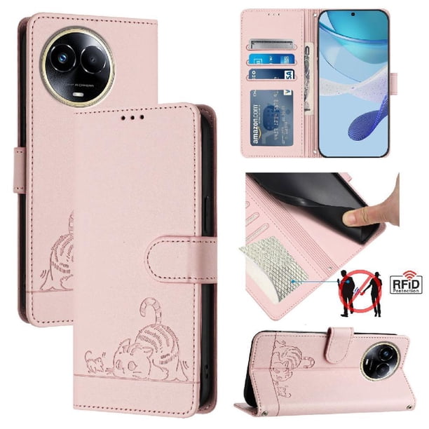 Funda tipo cartera FOXDOCK para Realme C67 5G con soporte, ranuras, RFID, diseño de gato