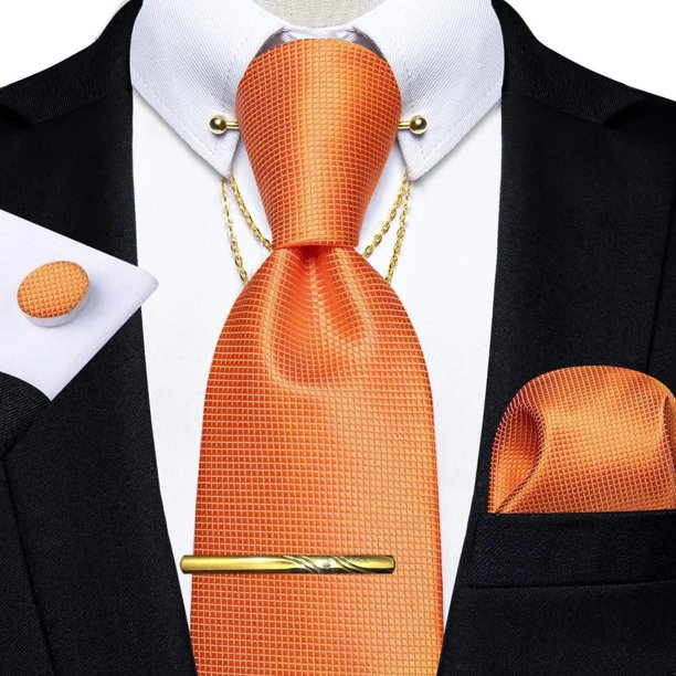 Corbatas Seda + Pin Cadena + Clip Dorado + Paño + Colleras naranja Talla Única
