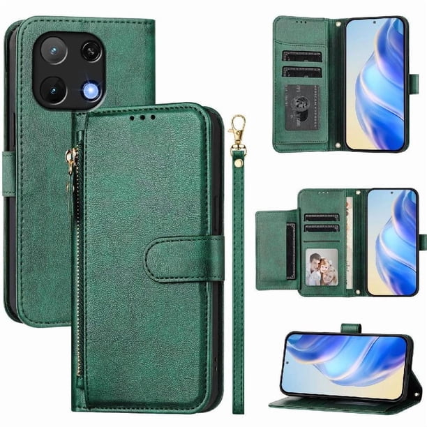 Funda tipo cartera para UMIDIGI Note 90 con bolsillo con cremallera, tarjetero, soporte, correa para la muñeca y tapa de cuero verde