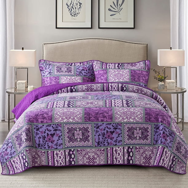 NEWLAKE Juego de colcha acolchada de algodón reversible con patchwork, patrón bohemio clásico morado, tamaño king
