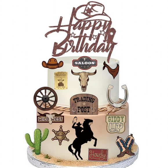 Gorro de vaquero Pretyps con purpurina para fiesta de cumpleaños de Cake Toppers, 16 unidades