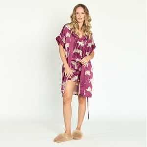 Bbz Barbizon - Bata De Mujer Mini Satin Burdeo Estampado