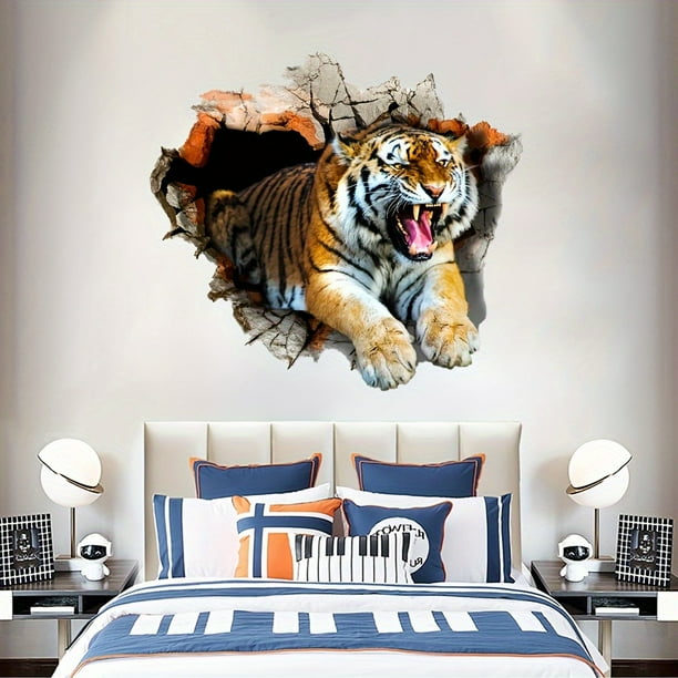 2pcs 3D Tiger Breaking Through The Wall Decoration Wall Sticker, Self-adhesive Removable PVC Sticker Suitable For Living Room Bedroom Decoration Painting