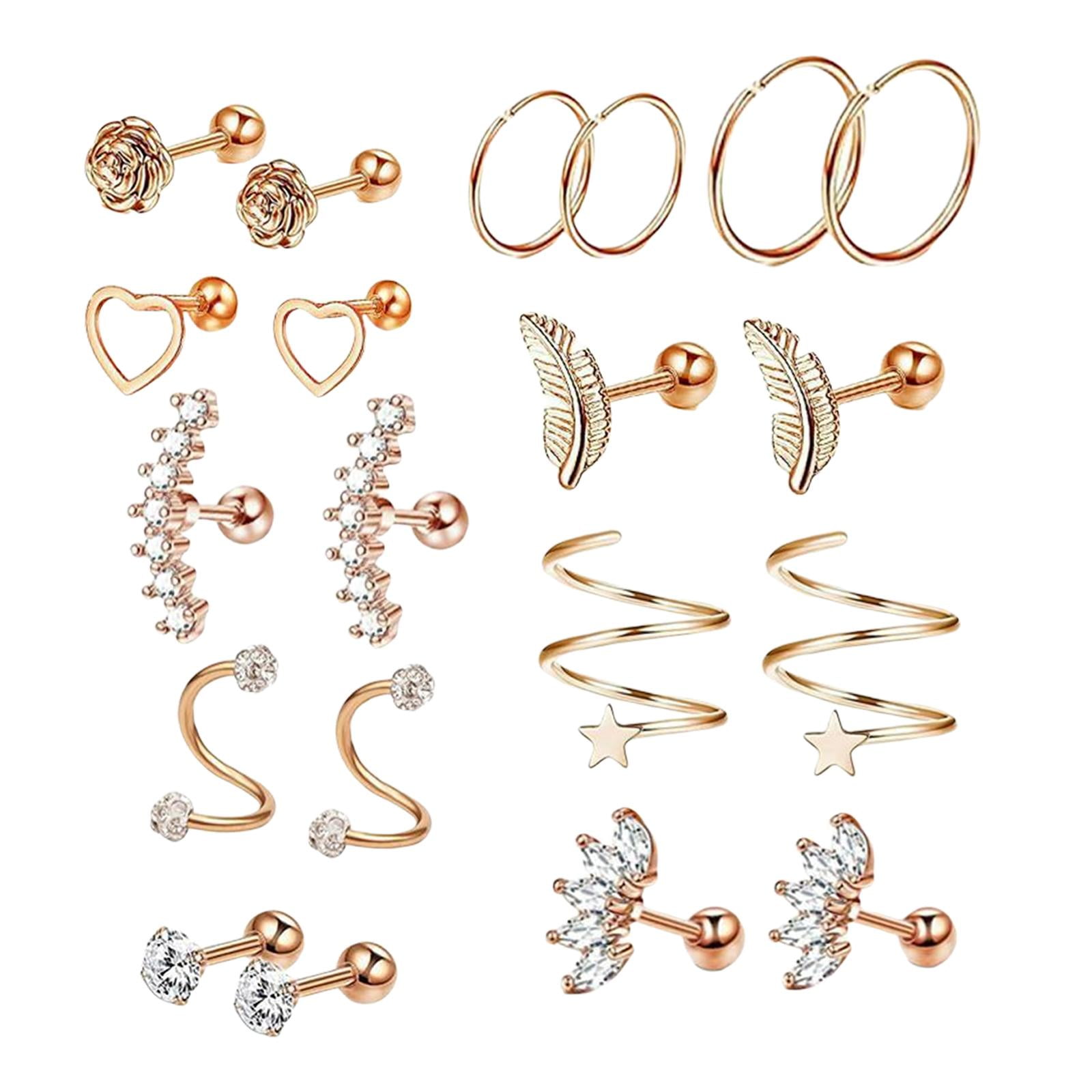 Bothyi - 20x Pendientes De Acero Inoxidable Set Corazón Flor Pluma Piercing Pendientes Oro Rosa
