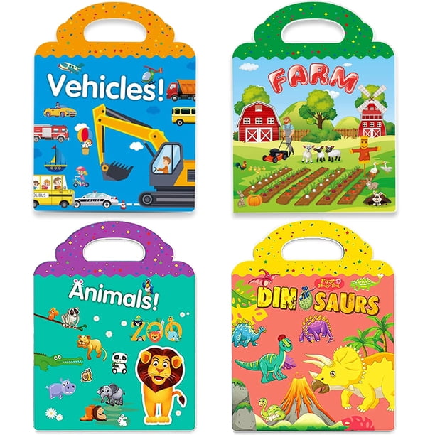 Libros autoadhesivos reutilizables Yowlieu para niños con 4 juegos: vehículo, granja, dinosaurio y zoológico