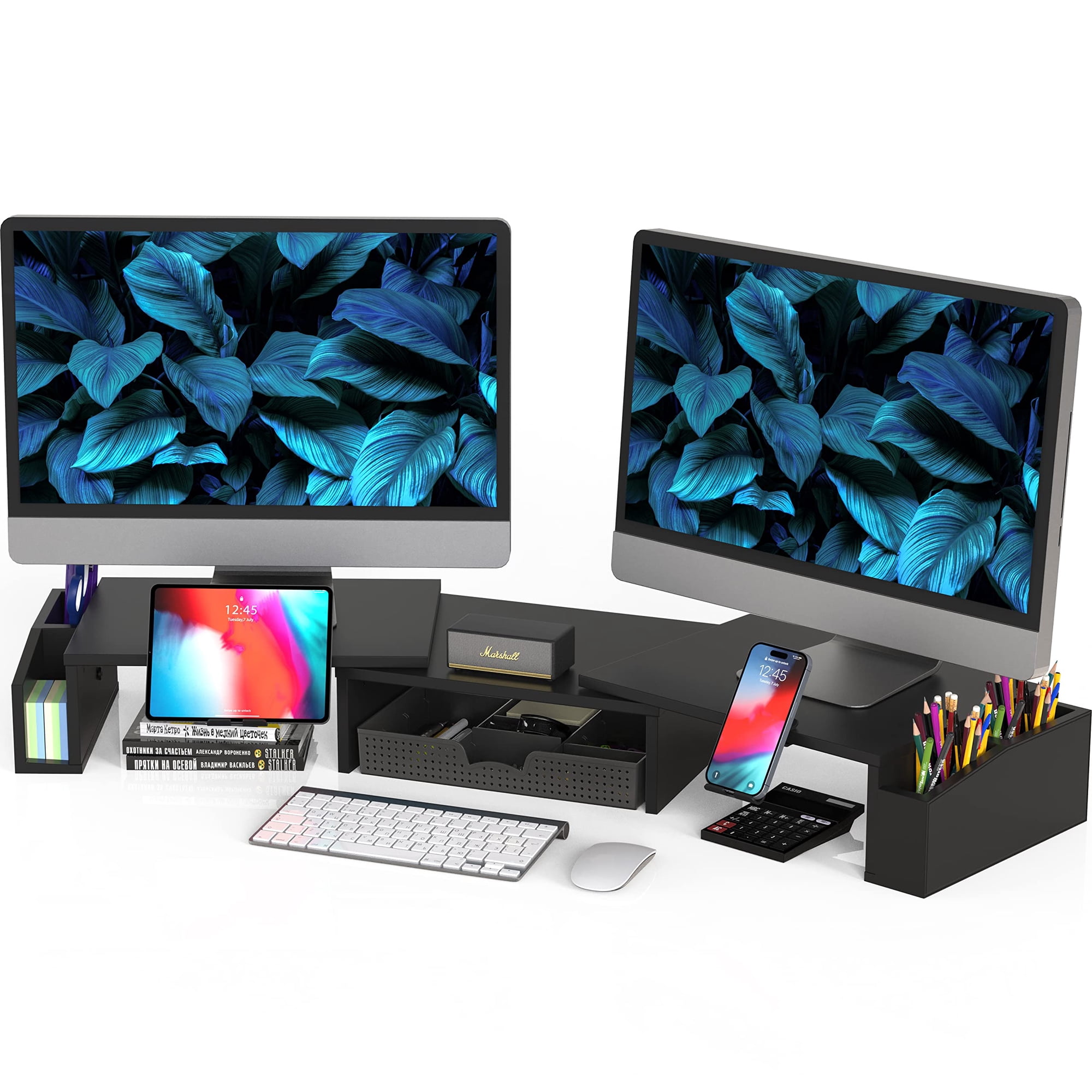 Soporte Para Monitor Simple Houseware Dual Con Cajón Negro