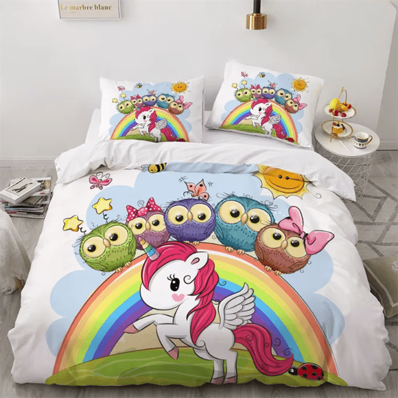 x926 Bed SheetsChildren Bedding Sets Gifts Unicorn and Colorful Horse Printing Duvet Cover Sets for Kids Girls Boys Pink Quilts 3-Piece Bedding Set (1 Duvet Cover + 2 Pillow Shams) nj926