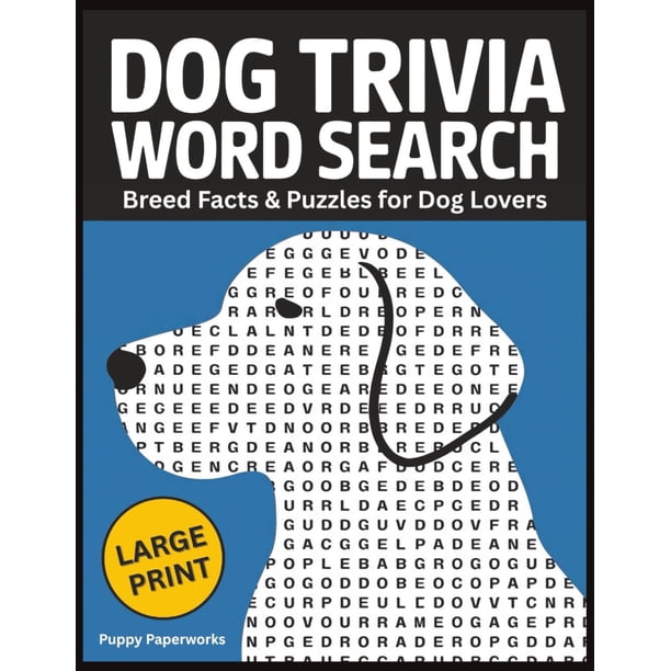 Libro de sopa de letras de trivia sobre perros, letra grande, datos sobre razas y acertijos