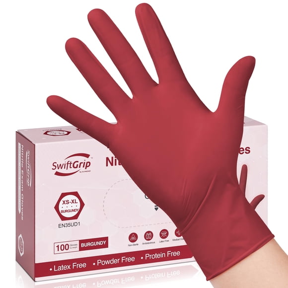 Guantes desechables de nitrilo SwiftGrip, pequeños, 100 quilates, color burdeos