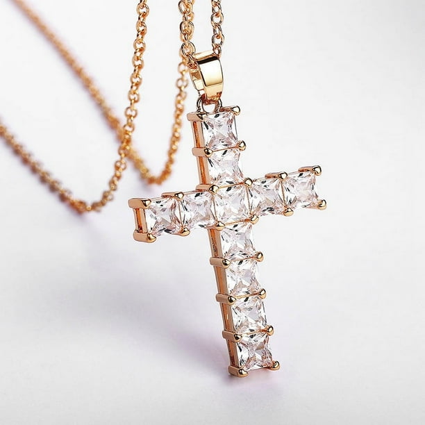 Elegant Pink Zircon Cross Necklace - Vintage Style Pendant Necklace in 925 Silver Plated
