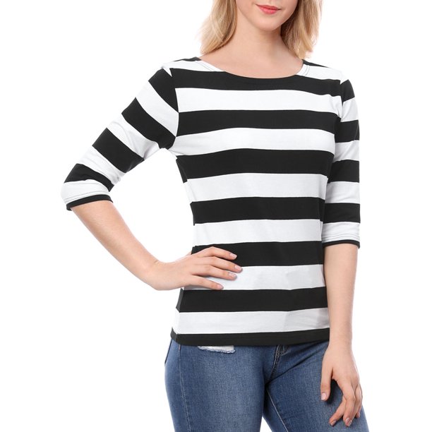 INSPIRE CHIC Camisetas a Rayas de Regreso a Clases para Mujer Ajuste Ceñido Mangas al Codo Cuello de Barco T-Shirt L Negro Blanco