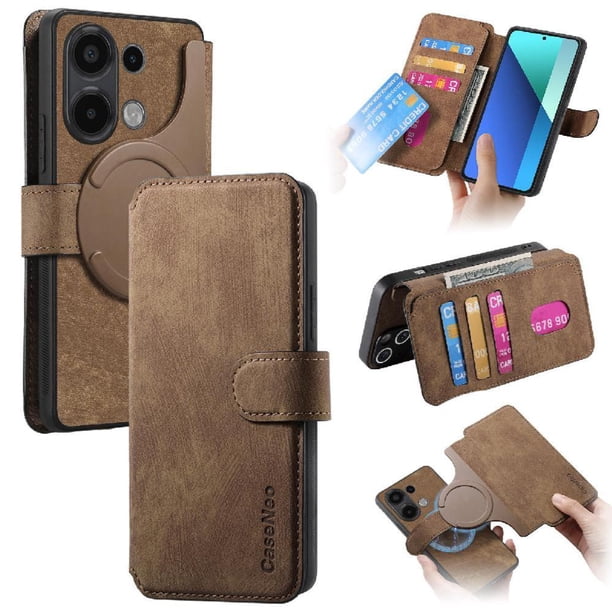 Funda Billetera Magnética para Xiaomi Redmi Note 13 4G Soporte Tarjetas Desmontable Marrón