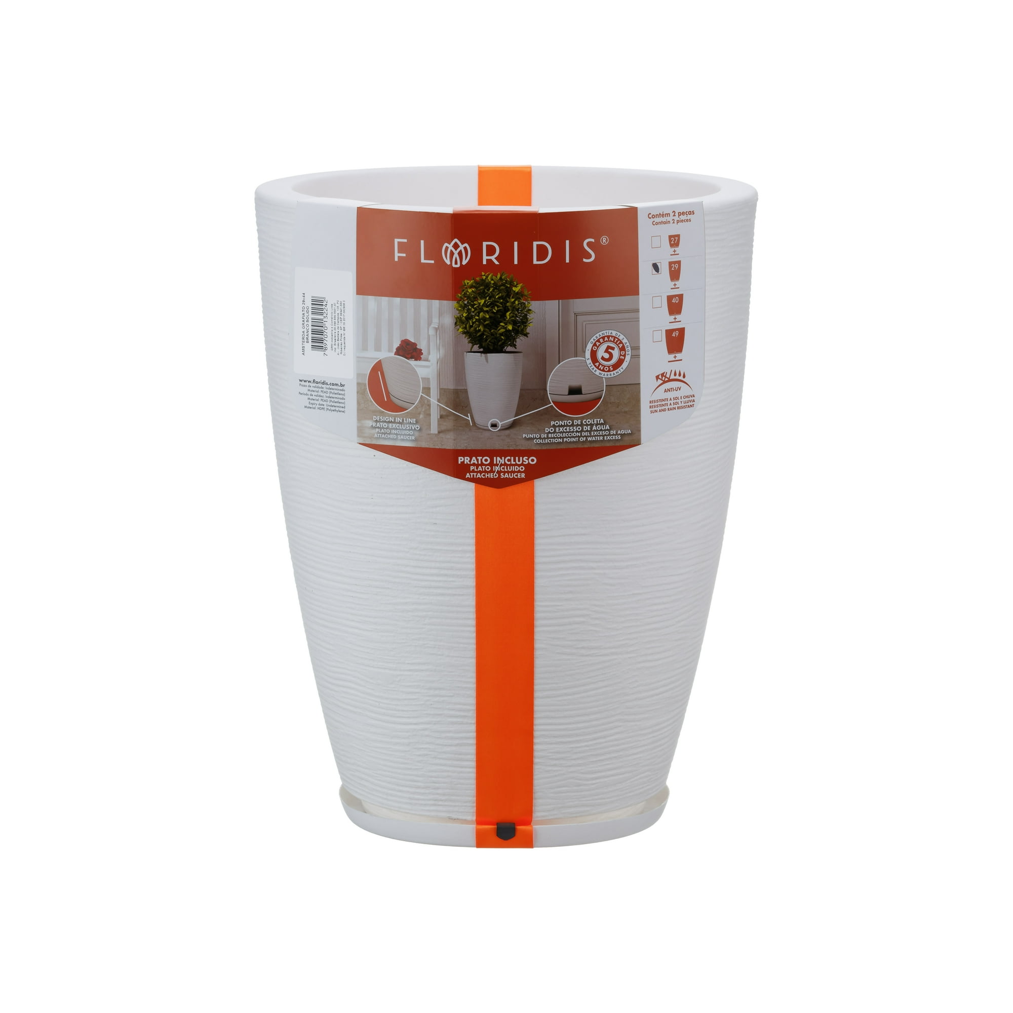 Macetero Floridis Blanco Amsterdam 44cm Alto Con Plato