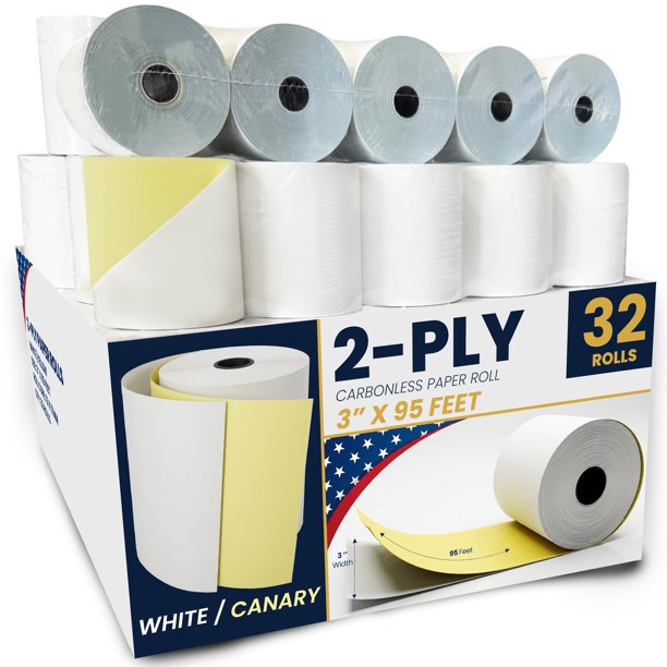 Papel para impresora PM Company 3" (7,6 cm) x 29 m paquete de 32 rollos 2 capas blanco/amarillo