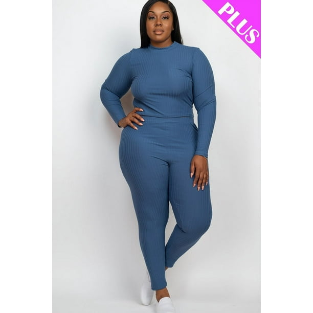 Saronite Conjunto de Dos Piezas de Top y Leggings de Manga Larga con Cuello Alto y Punto Acanalado Básico, Color Azul Neblina (Talla Grande para Mujer)