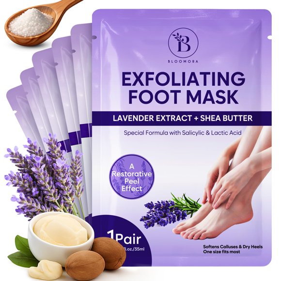 Mascarilla exfoliante para pies BLOOMORA – 6 pares Lavanda y Karité