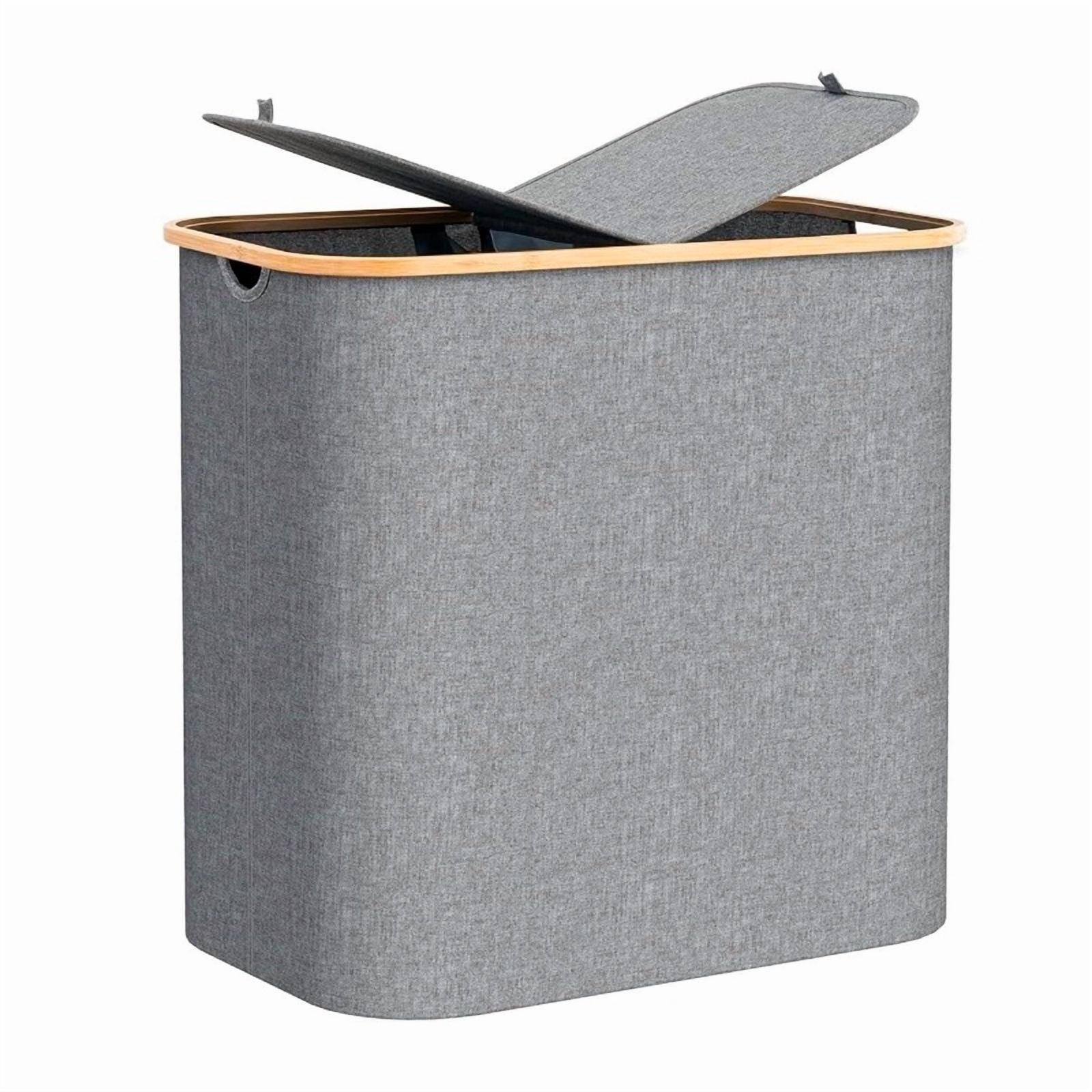 Wakeshome - Cesto Doble Ropa Sucia Con Tapa Plegable Canasto Bambú Rectangular