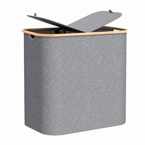 Wakeshome - Cesto Doble Ropa Sucia Con Tapa Plegable Canasto Bambú Rectangular