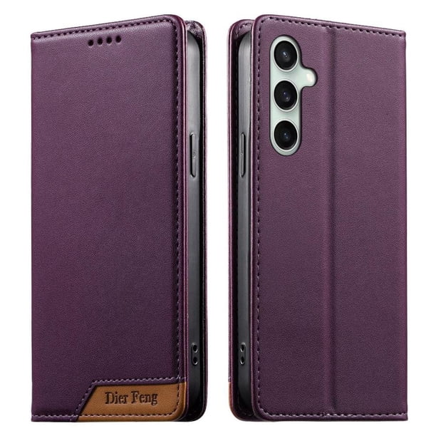 Funda Tipo Cartera de Cuero Sintético para Samsung Galaxy S24 FE Bloqueo RFID, con Ranuras para Tarjetas y Bolsillo para Efectivo, Cierre Magnético Fuerte Morado