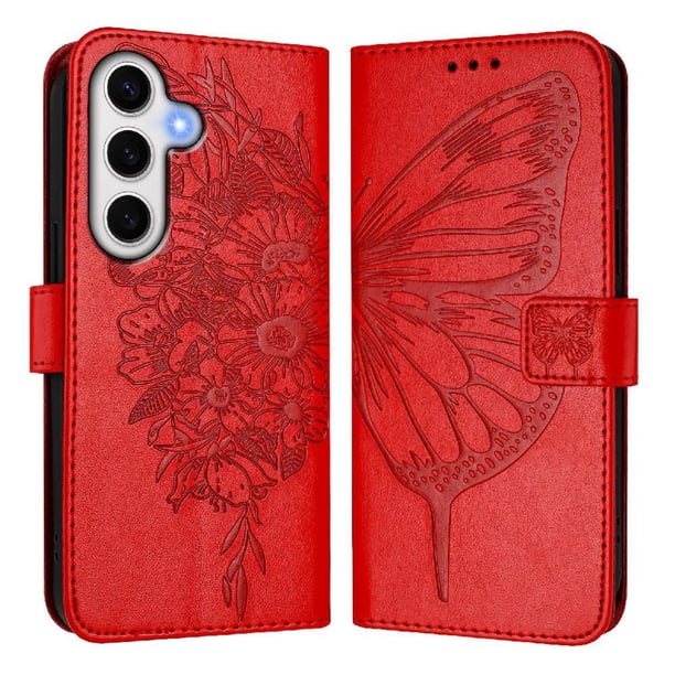 Funda Cartera Mariposa Para Samsung Galaxy S24 Fe Con Soporte Y Ranuras Para Tarjetas Rojo