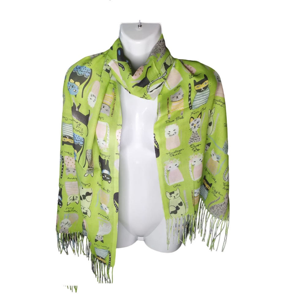 Mh - Bufanda, Pañuelo, Estampado De Gatitos, Primavera/Verano Color Verde