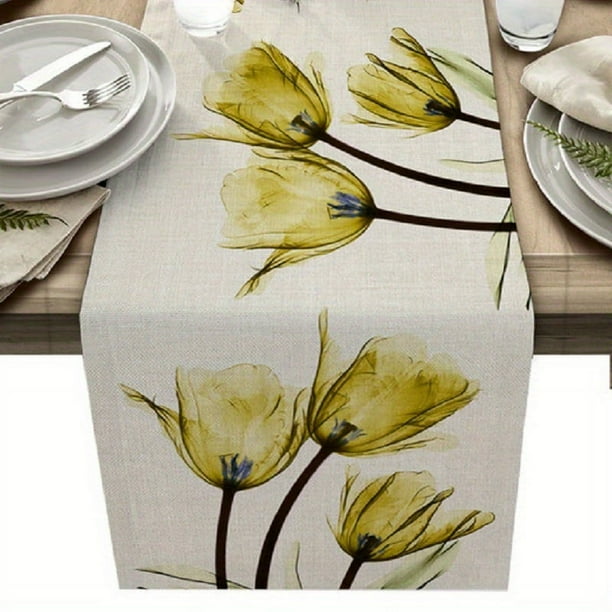 1pc Blue Floral Long Table Runner 13x72 Inches, Kitchen Dinner Retro Tulip Flower Dining Table Runners, Long Dresser Scarf, Farmhouse Burlap Holiday Table Runner For Coffee/Dining/Party/Wedding