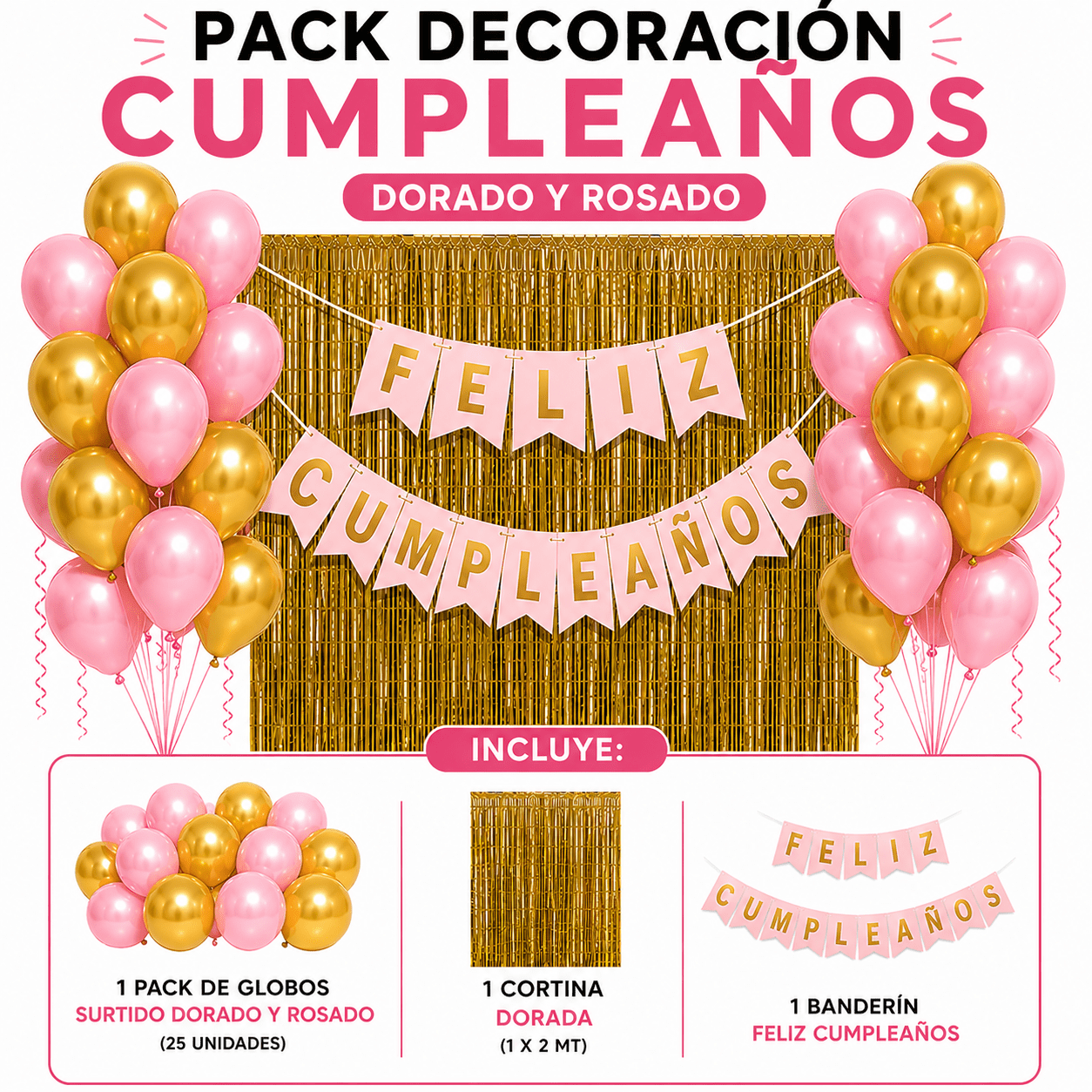 Genérico - Pack Decoracion Cotillon Rosado -dorado