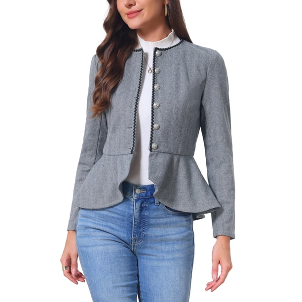 INSPIRE CHIC Chaqueta Vintage para Mujer Cuello Redondo Espiguilla Manga Larga Abotonada Dobladillo con Volantes Chaquetas Casual de Negocios L Negro Gris