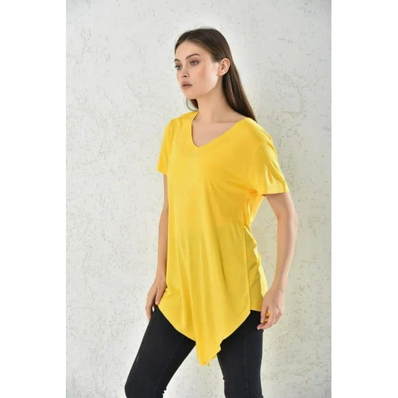 Polera Mujer Amarillo Manga Corta Corte Asimétrico Talla S