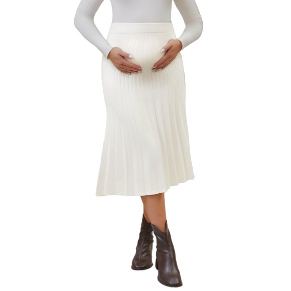 INSPIRE CHIC Falda de Suéter de Maternidad para Mujeres Sobre el Vientre Tejido Midi Embarazo Faldas Plisadas X-Large Blanco