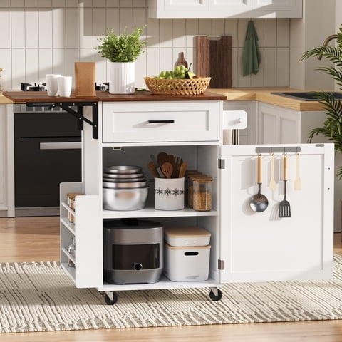 M&Ms - K&K 39.3"" Farmhouse Kitchen Island With Drop Leaf, Kitchen Storage Island With Open Side Rack, One Drawer, Towel Rack, Rolling Kitchen Cart With Lockable Wheels For Lawn Garden, White