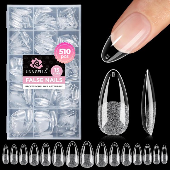 UNA GELLA 510 puntas para uñas de gel almendradas, 15 tamaños, pregrabadas