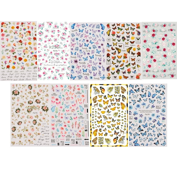 9 pcs Colorful Butterfly Nail Art Stickers - 3D Self-Adhesive Decals for Women, Girls, and Kids - Easy Nail Design Supplies for Nail Art and Decoration