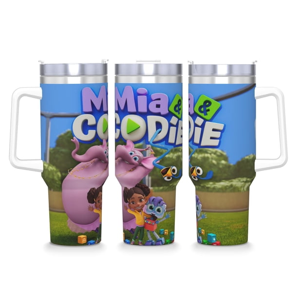 Mia y Codie Vaso aislado de acero inoxidable con asa, diseño temático, regalo para familia, amigos y fans; incluye pajita y encaja en el portavasos estándar, 40 oz