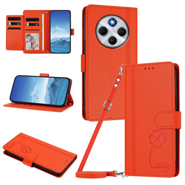 Funda Cartera Trébol para Xiaomi Redmi 14C 4G con Ranuras Tarjetas y Carga Inalámbrica Naranja