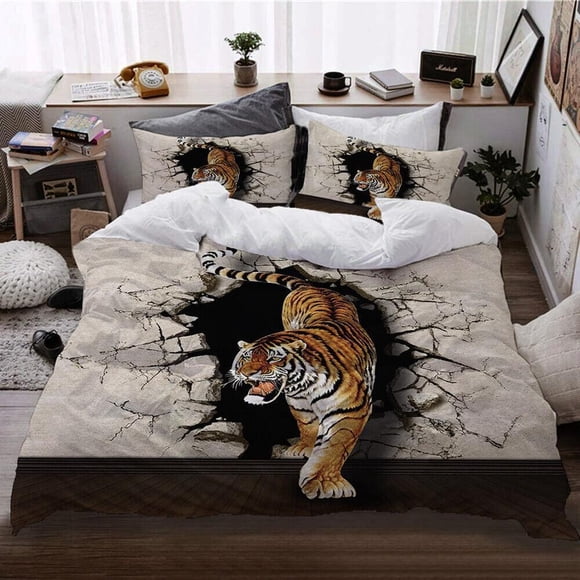 White Tiger Animal Quilt Duvet Cover Set Bedroom Decor Comforter Cover3-Piece Bedding Set