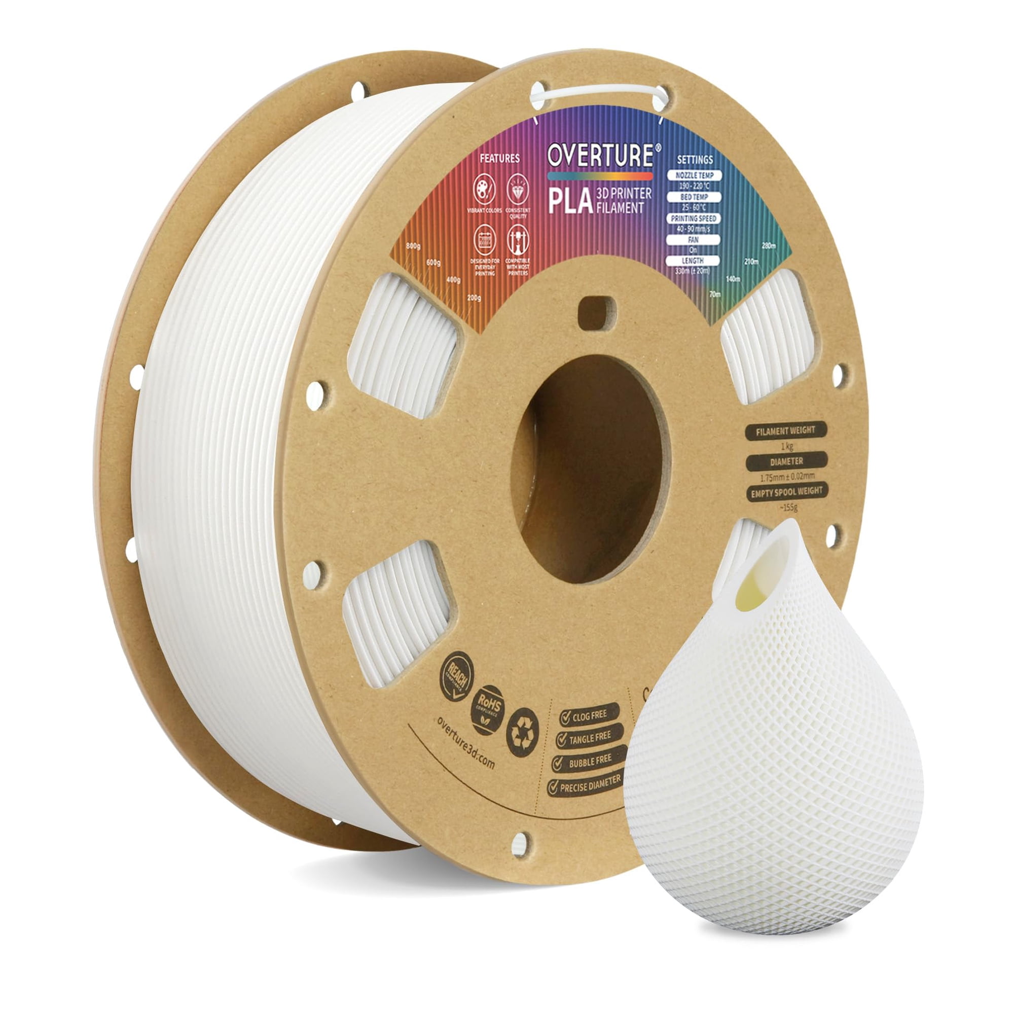 Filamento Para Impresora 3d Overture Pla, 1,75 Mm, Bobina De 1 Kg, Blanco