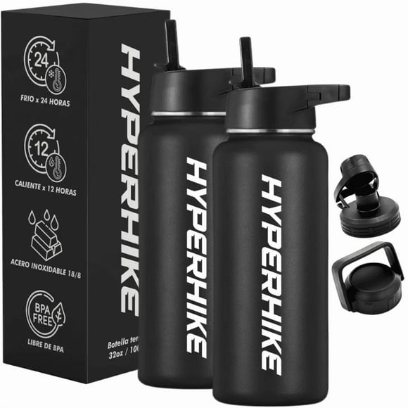 Pack 2 Termo Acero Inoxidable 1lt Hyperhike + 6 Tapas Negro / Negro