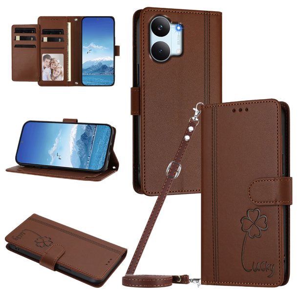 Funda Cartera Trébol para Xiaomi Poco X8 Pro Max con Ranuras Tarjetas y Carga Inalámbrica Marrón
