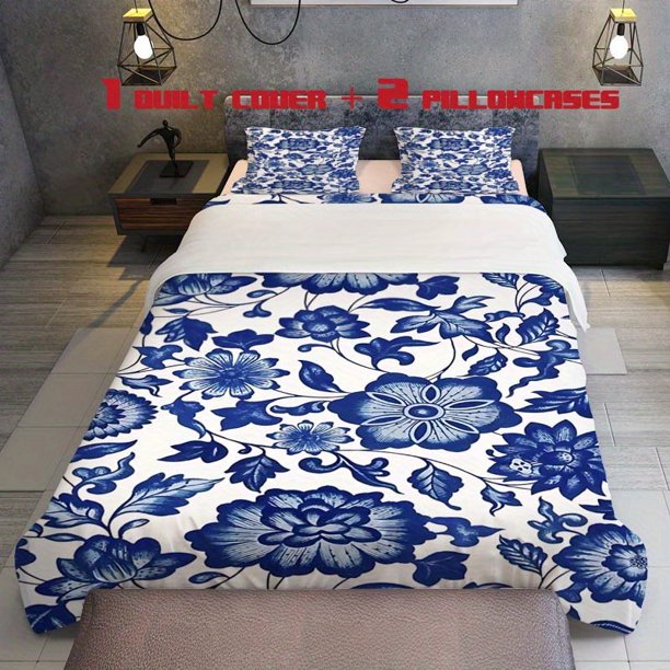 3pcs Blue And White Porcelain Style Blue And White Floral Pattern Theme Print Three Piece Bedding Set Soft Quilt Cover And Two Pillowcases