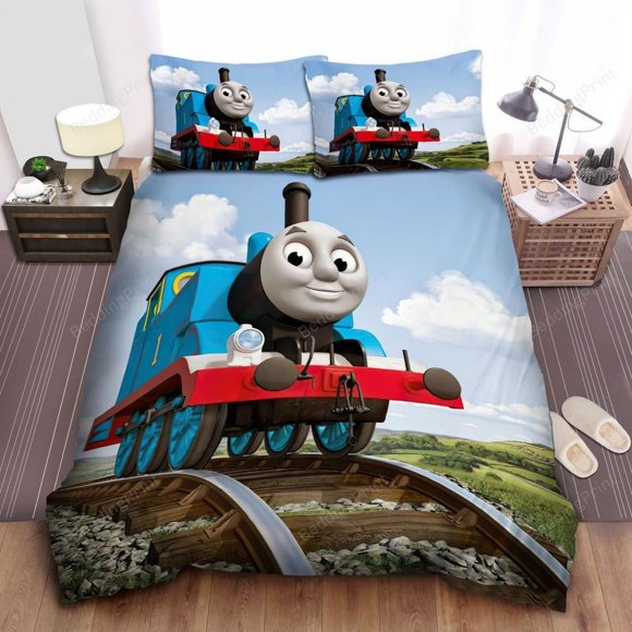 Thomas Train On Railway And Blue Sky Background Quilt Duvet Cover Set3-Piece Bedding Set