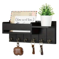 Byxas - Soporte De Pared Para Llaves, Organizador Adhesivo De Madera Para Correo Y Llaves Con Cajón, Estante Pequeño, 8 Ganchos, 2 Métodos De Instalación, Negro