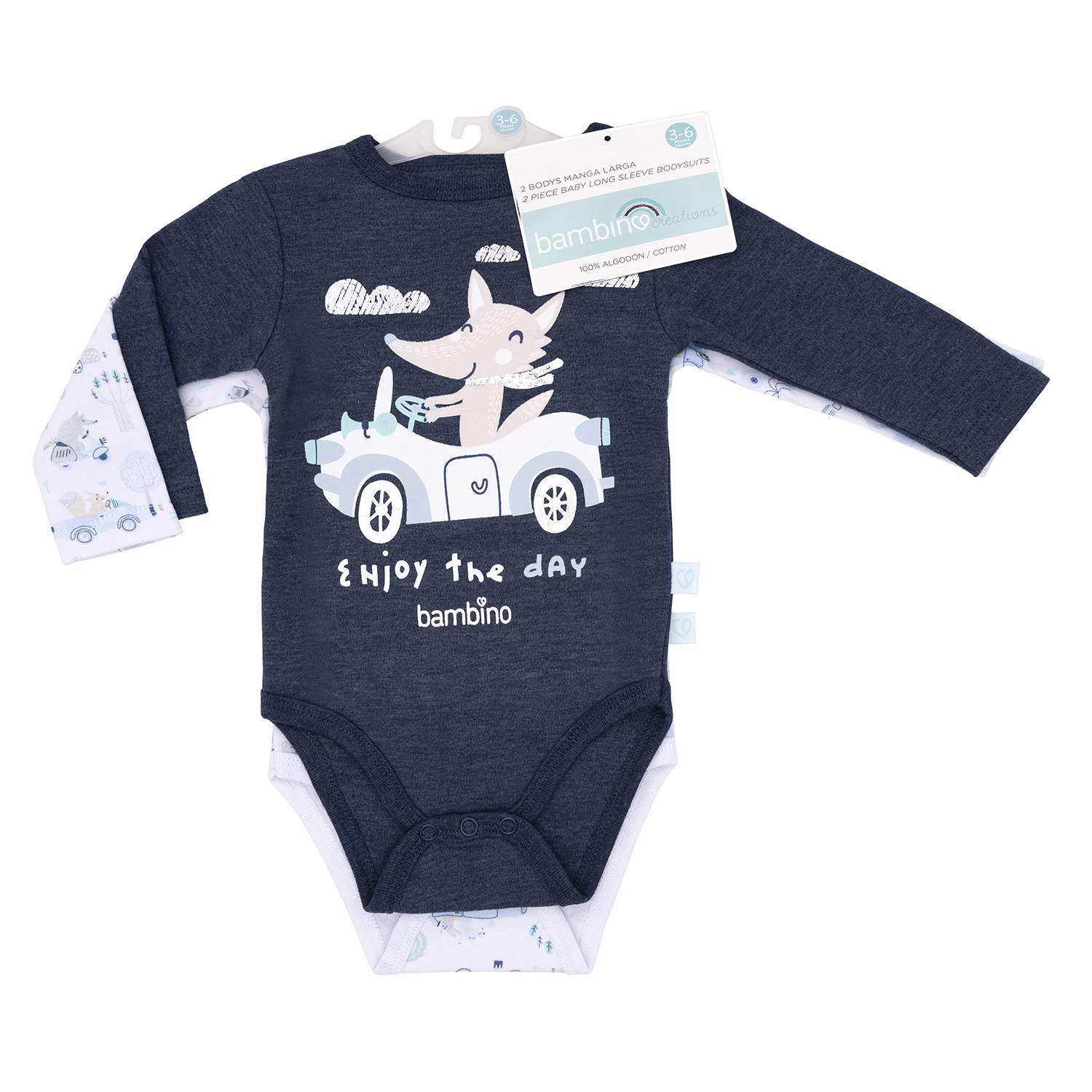 Bambino - Set 2 Bodys Manga Larga Azul Zorro Niño 0 - 3 Meses