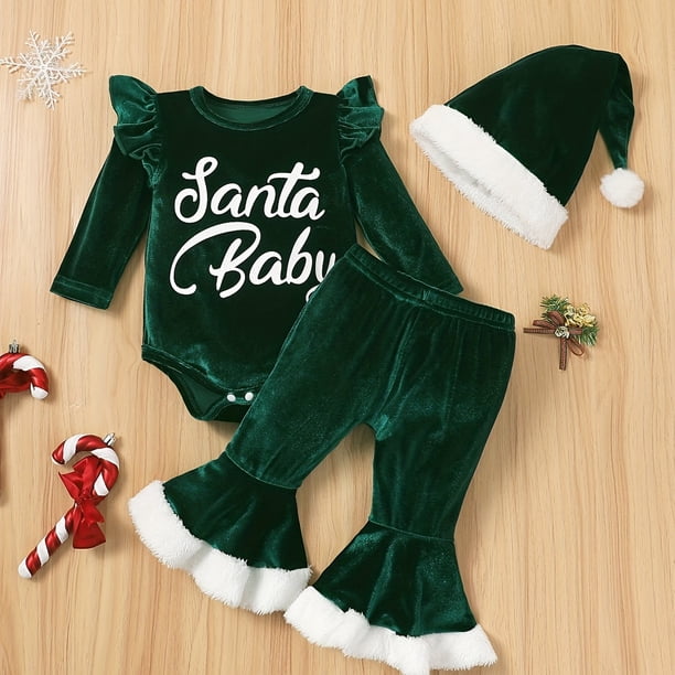 Baby Girls Long Sleeve Bodysuit & Flared Pants & Hat Set, Newborn Baby Set For Christmas Baby Clothes