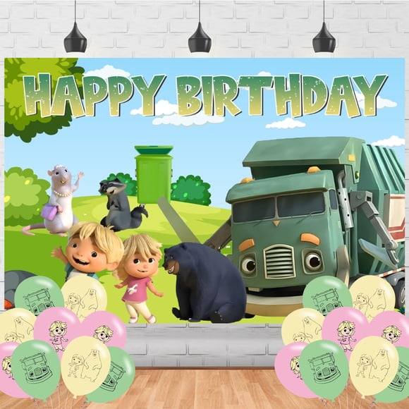 Cartel De Cumpleaños De Trash Truck 150 X 90 Cm Con 18 Globos