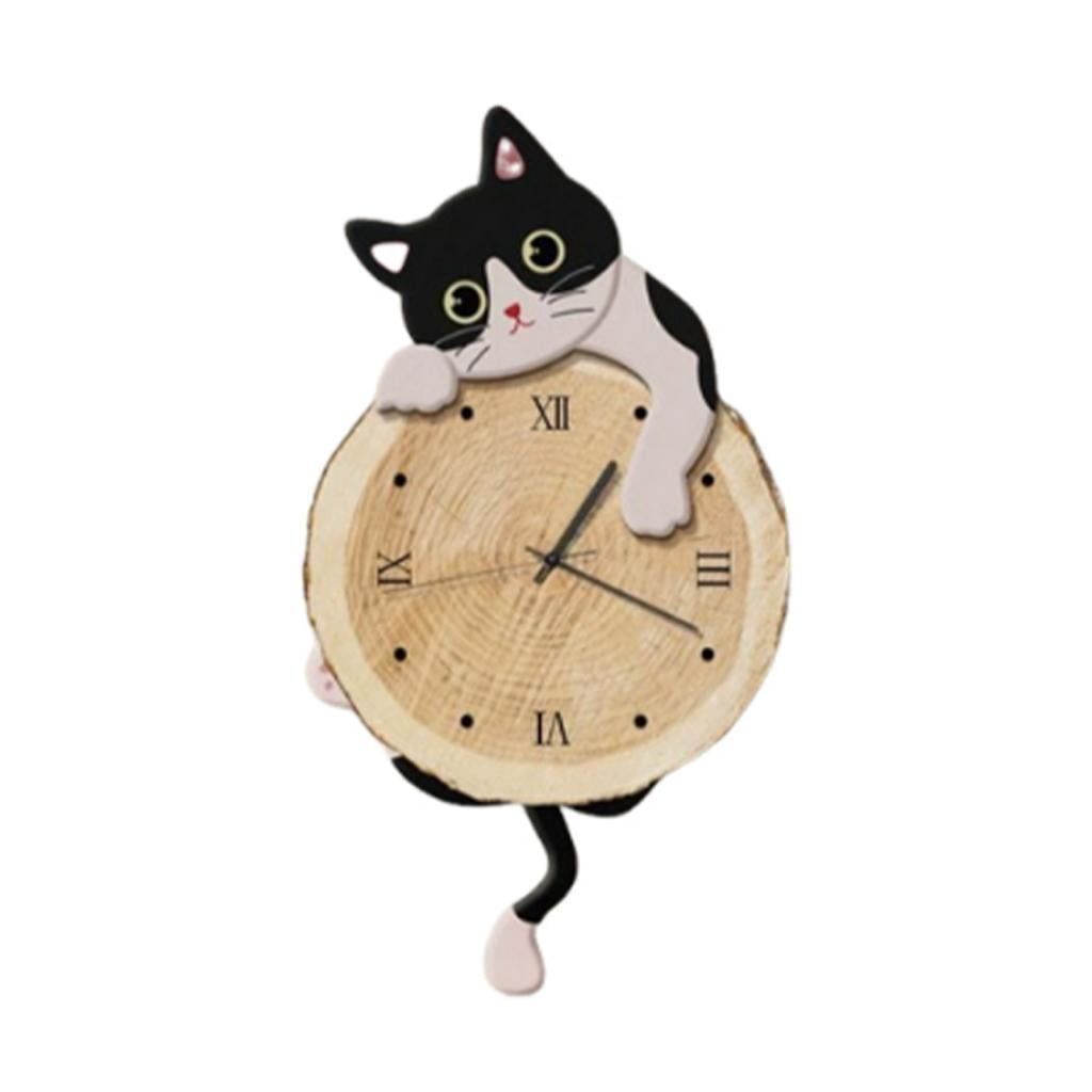 Magideal - Reloj De Pared Con Diseño De Gato, Silencioso, Moderno, Bonito, Con Péndulo, Decorativo, Para Habitación Infantil, Cocina, Dormitorio Y Decoración Del Blanco Y Negro