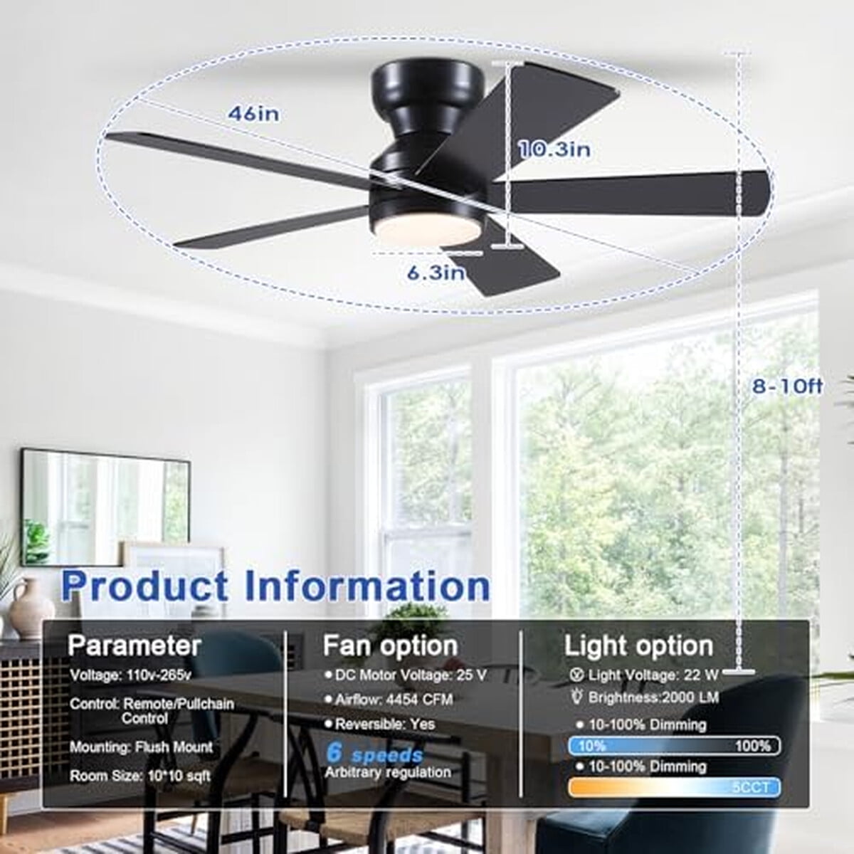 Ventilador Techo Bykistok 46 Negro Led Control Remoto 6 Velocidades