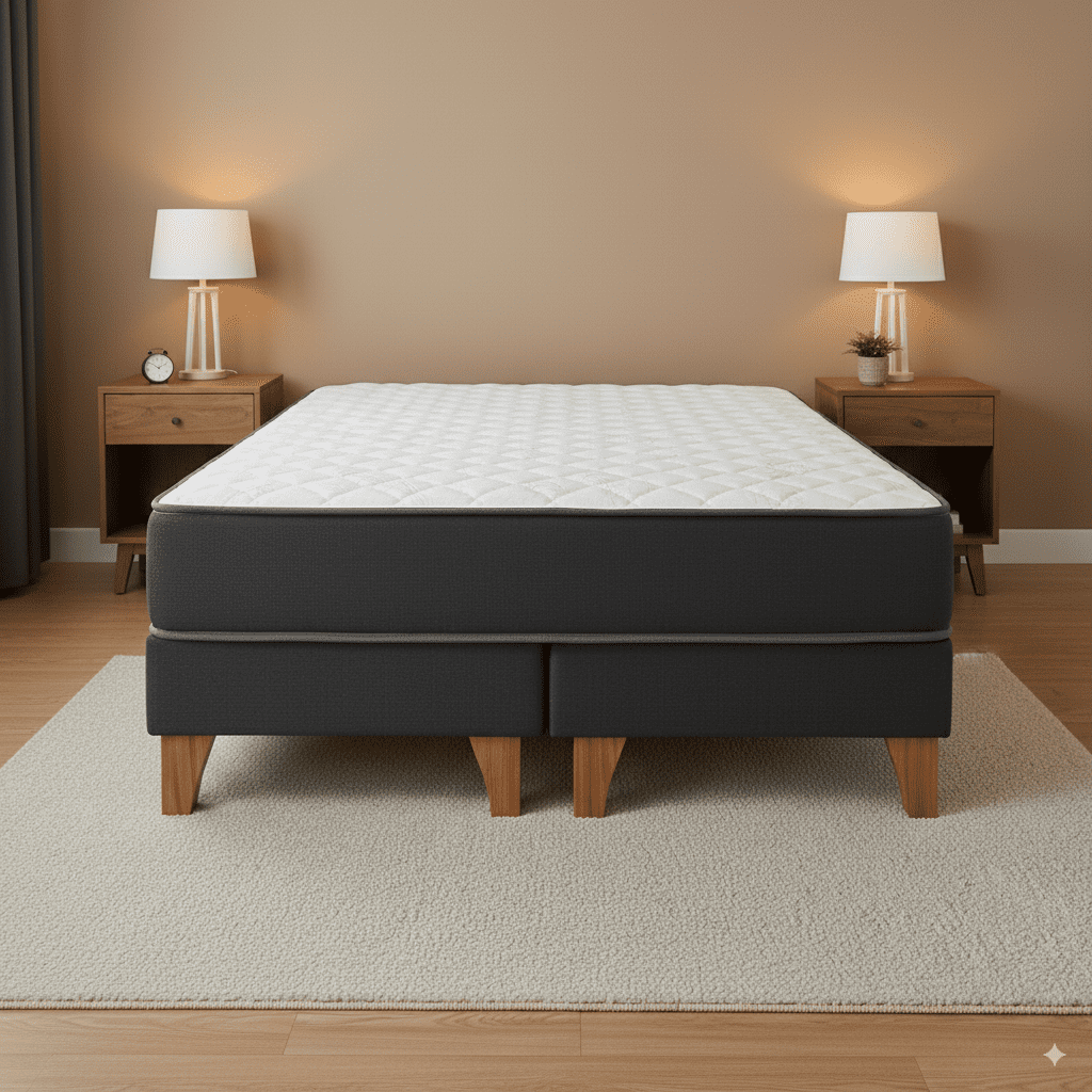 M&e - Cama 2 Plazas Completa | Base Europea Con Patas De Madera + Colchón 24 Cm